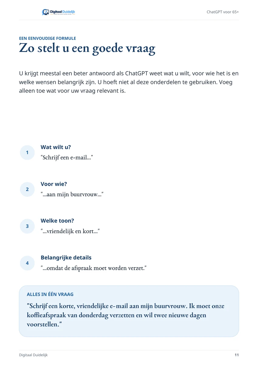 Voorbeeldpagina uit ChatGPT voor 65+ over een goede vraag stellen
