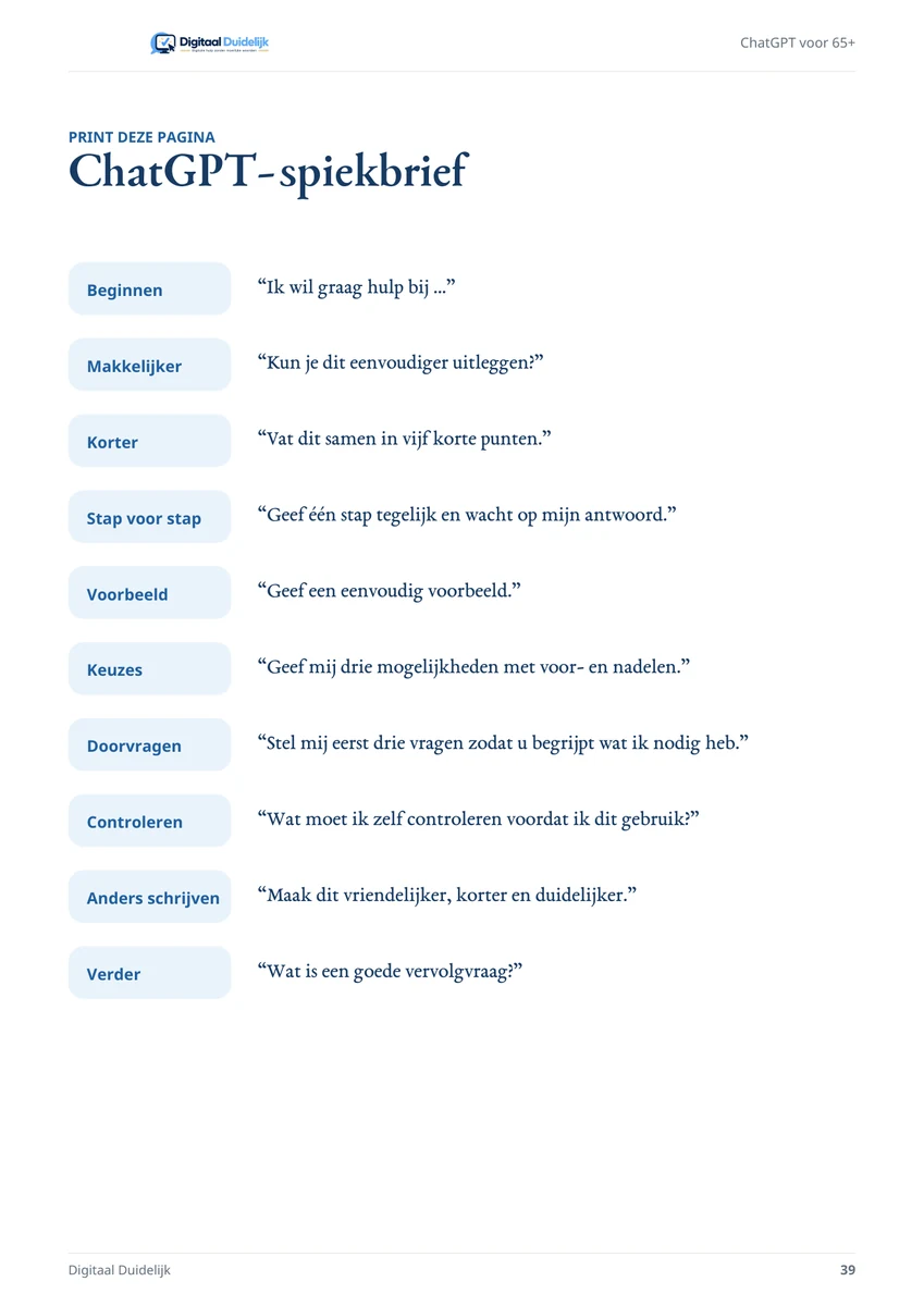 ChatGPT-spiekbrief uit de handleiding ChatGPT voor 65+