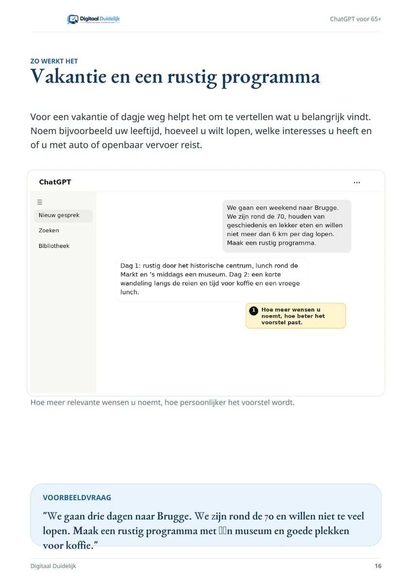 Voorbeeldpagina uit ChatGPT voor 65+ over vakantieplanning